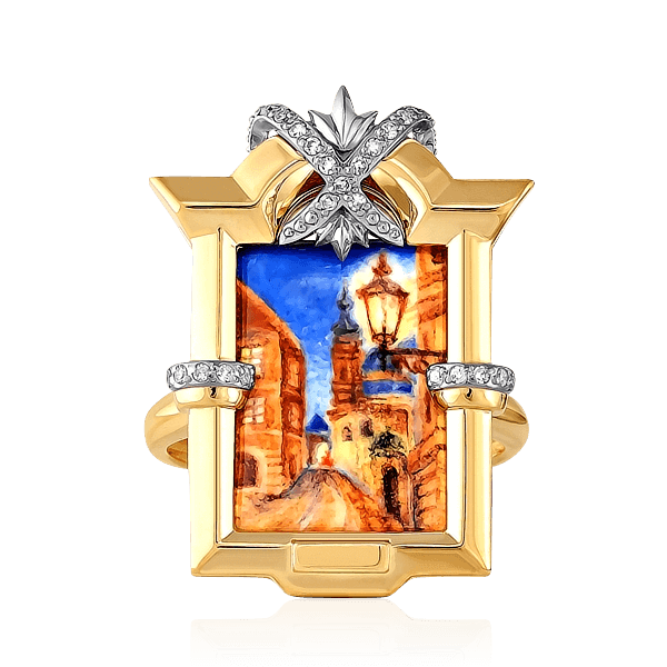 Коктейльное кольцо из комплекта «Старый город» из лимонного золота с бриллиантами в виде миниатюрной картины в технике расписной финифти, фото № 1