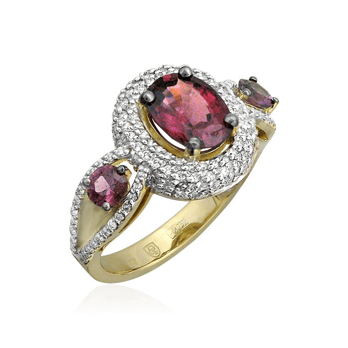 Кольцо с шпинелью, розовыми сапфирами и бриллиантами из желтого золота 750 пробы, фото № 1