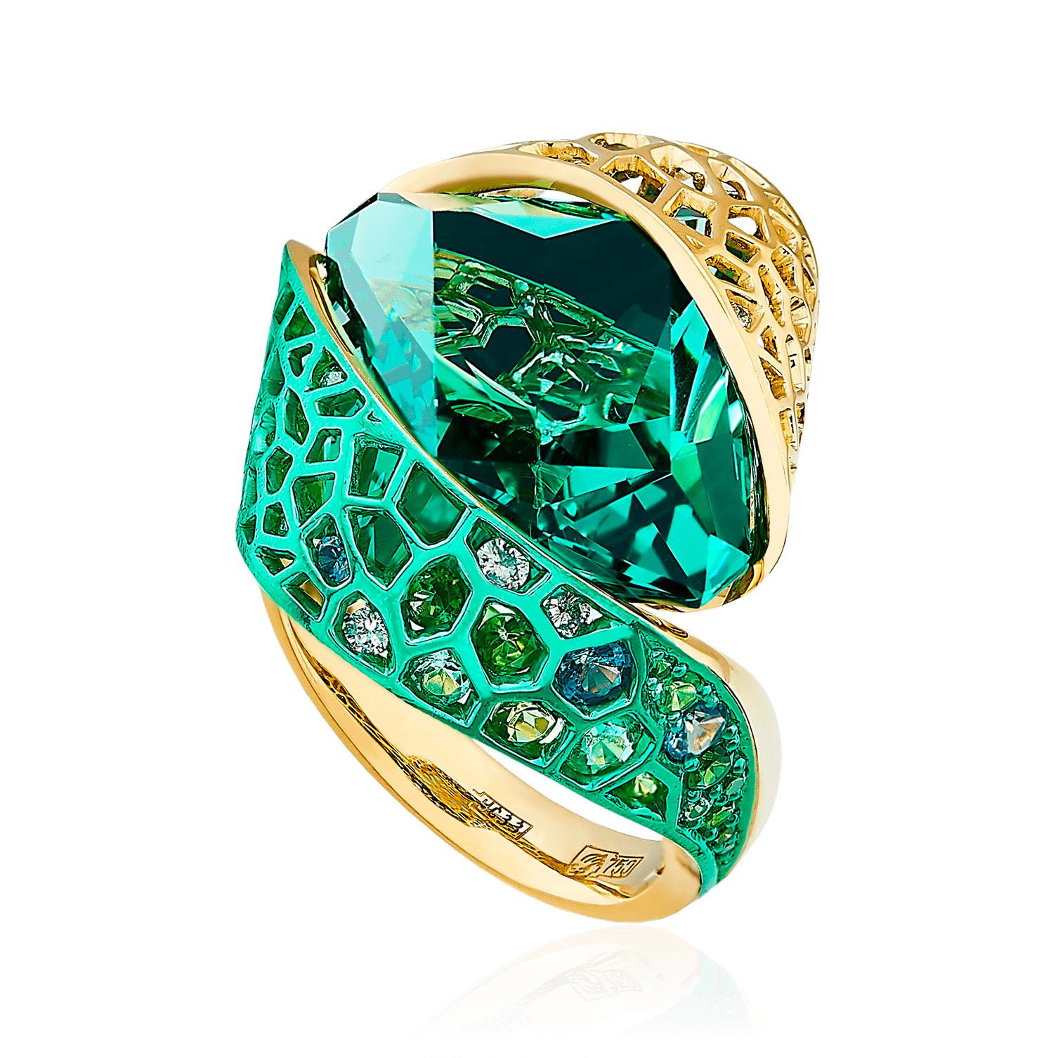 Кольцо с празиолитом, изумрудами, бриллиантами из желтого золота 750 пробы, фото № 1