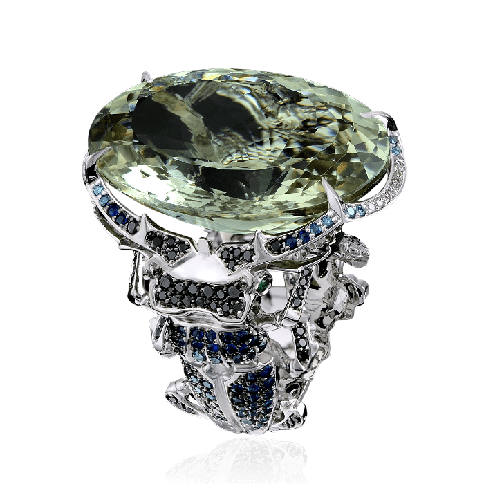 Кольцо Жук-олень с цветными камнями и бриллиантами в белом золоте 750 пробы, фото № 1