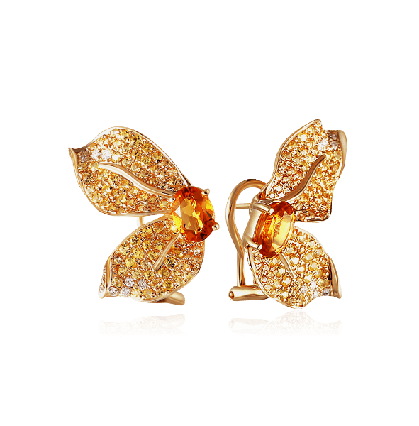 Серьги с желтыми сапфирами, бриллиантами, цитрином из желтого золота 585 пробы, фото № 1