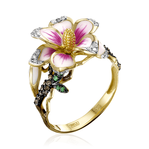 Кольцо с бриллиантами, эмалью, тсаворитом из комбинированного золота 585 пробы, фото № 1
