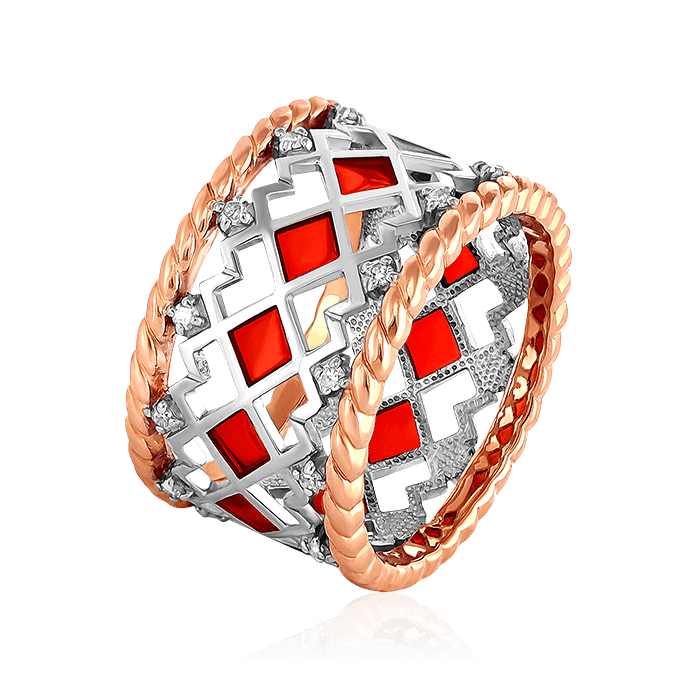Плетеное кольцо с бриллиантами, эмалью из красного золота 585 пробы, фото № 1