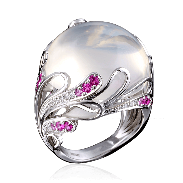 Кольцо с лунным камнем, розовыми сапфирами и бриллиантами в белом золоте 750 пробы (арт. 27903)