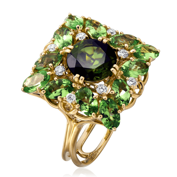 Кольцо с турмалином, бриллиантами, тсаворитом из желтого золота 750 пробы, фото № 1