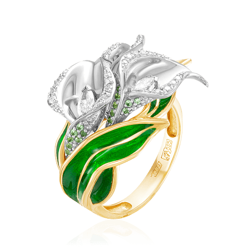 Кольцо Каллы с зелеными сапфирами, бриллиантами, эмалью из комбинированного золота 585 пробы, фото № 1