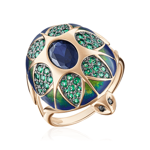 Кольцо Черепаха c корундом, фианитами из красного золота 585 пробы, фото № 1