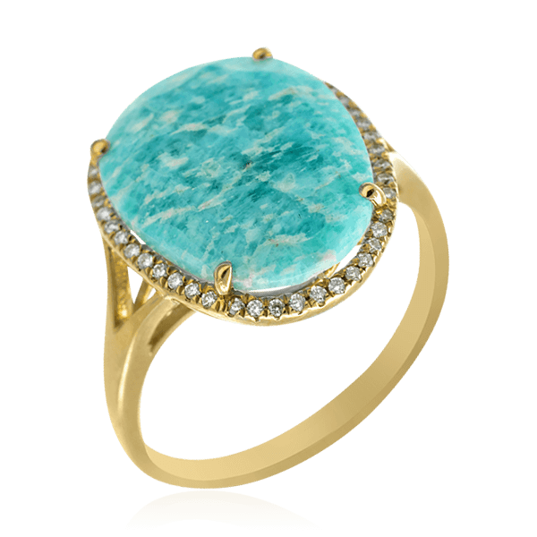 Кольцо с амазонитом, бриллиантами из желтого золота 585 пробы, фото № 1