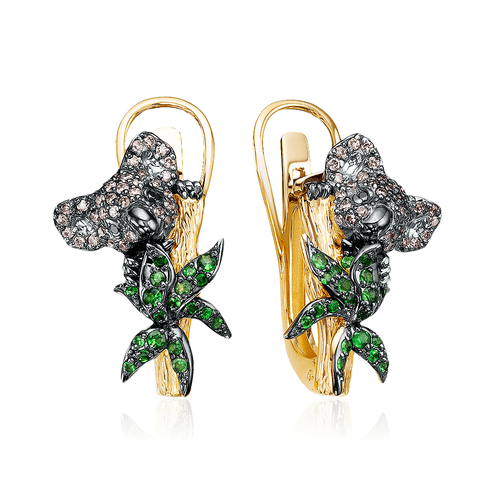 Серьги Коала с бриллиантами, тсаворитом из желтого золота 585 пробы (арт. 102406)