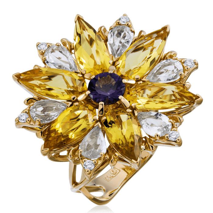 Кольцо в виде цветка с шпинелью, гелиодором, бриллиантами, белыми сапфирами фантазийным из желтого золота 750 пробы (арт. 45873)