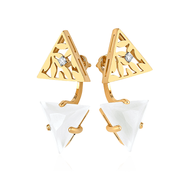 Серьги-джекеты из желтого золота 585 пробы с белыми агатами треугольной огранки и бриллиантами, фото № 1