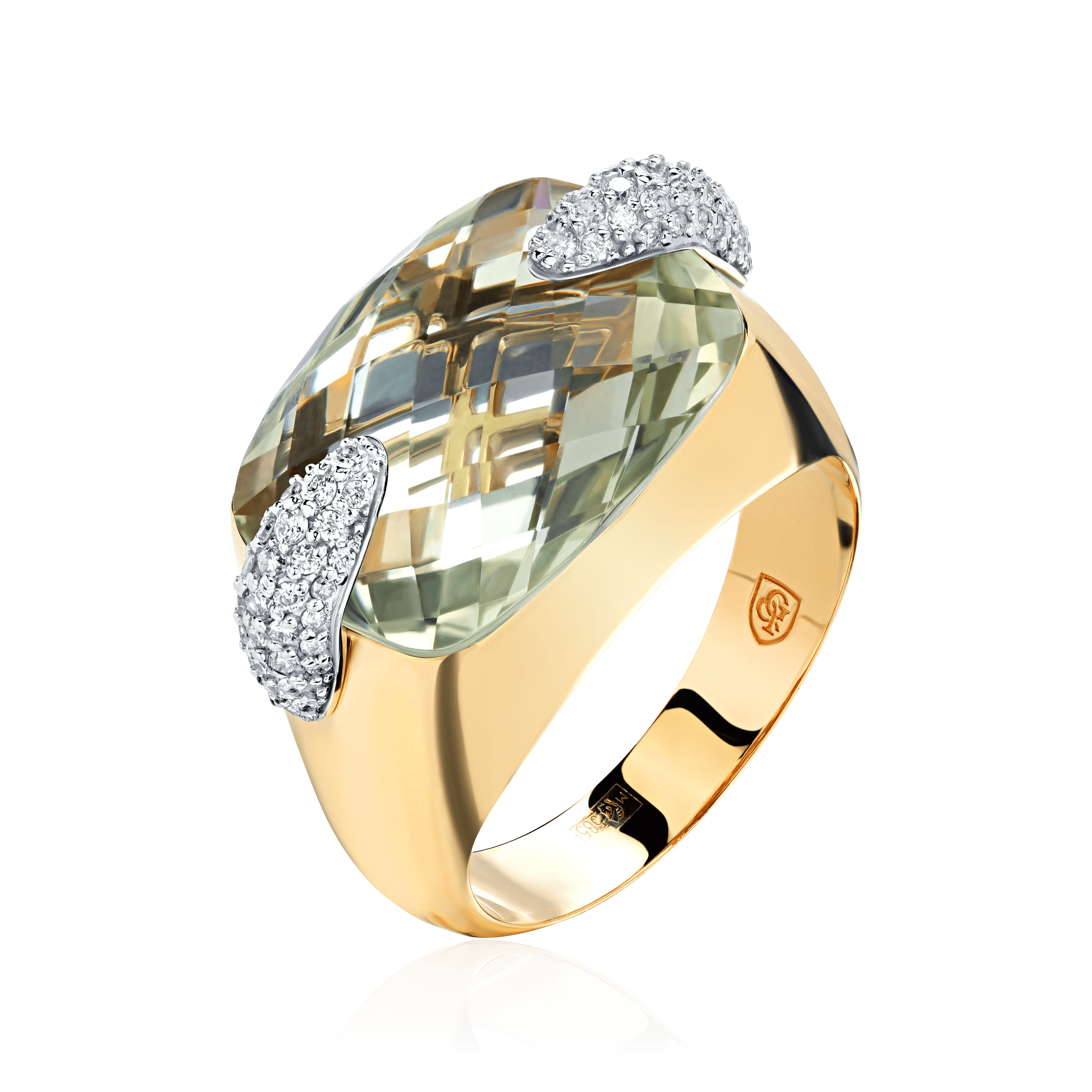 Кольцо с бриллиантами, празиолитом из комбинированного золота 585 пробы, фото № 1