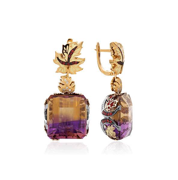 Серьги с аметрином, бриллиантами, эмалью, цветными сапфирами из желтого золота 750 пробы, фото № 1