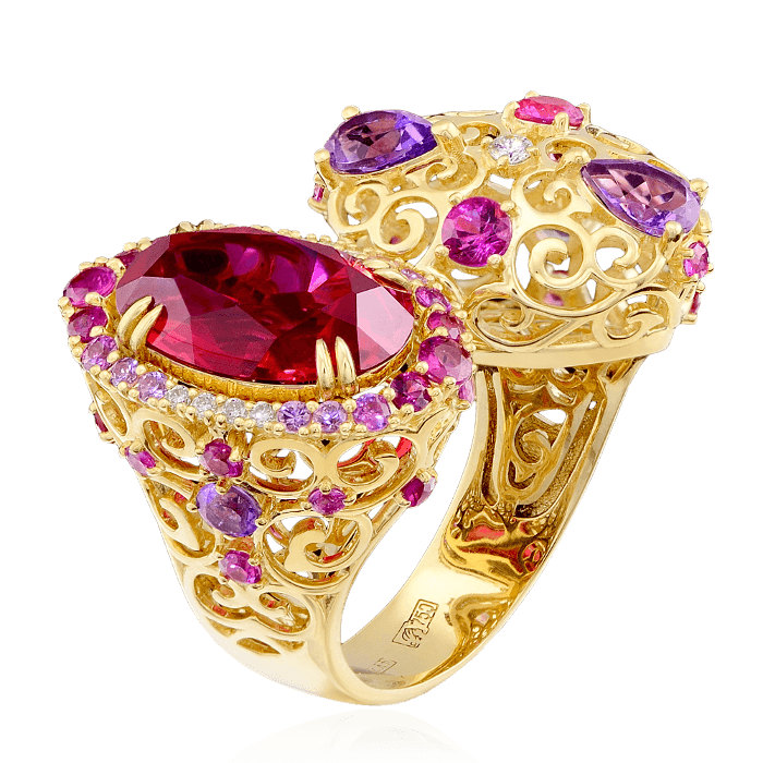 Кольцо с рубином, бриллиантами, аметистом, корундом, цветными сапфирами из желтого золота 750 пробы, фото № 1