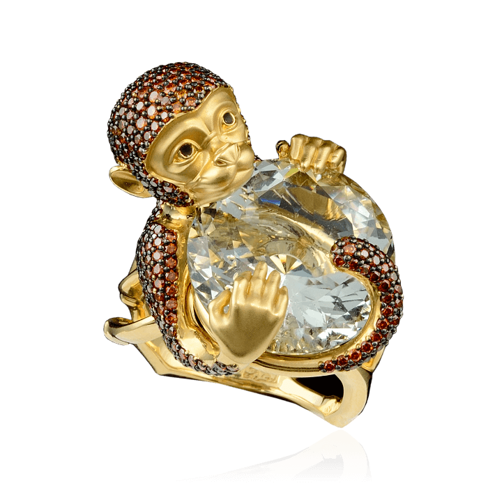 Кольцо Обезьянка с празиолитом и бриллиантами в желтом золоте 750 пробы (арт. 28088)