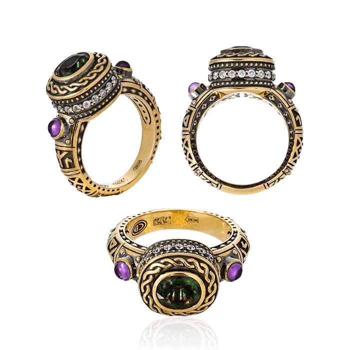 Кольцо с аметистами, хризолитом, бриллиантами из красного золота 750 пробы, фото № 1
