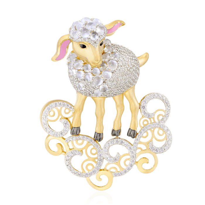 Кулон Овечка с бриллиантами и цветными камнями в желтом золоте 750 пробы (арт. 40014)