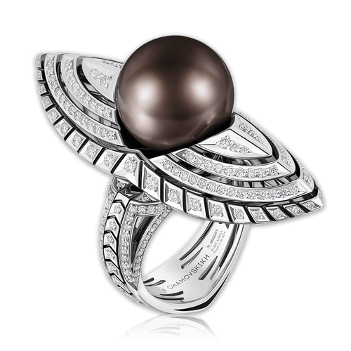Кольцо с жемчугом, бриллиантами из белого золота 750 пробы, фото № 1