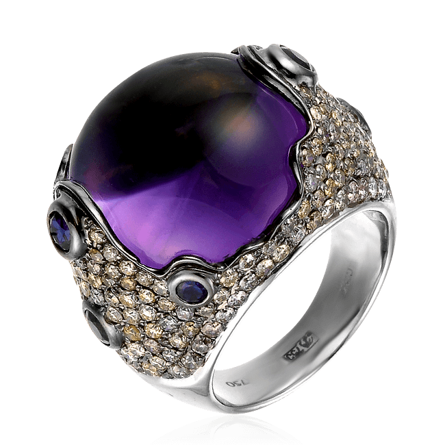 Крупное кольцо с аметистом, бриллиантами, сапфирами из белого золота 750 пробы, фото № 1