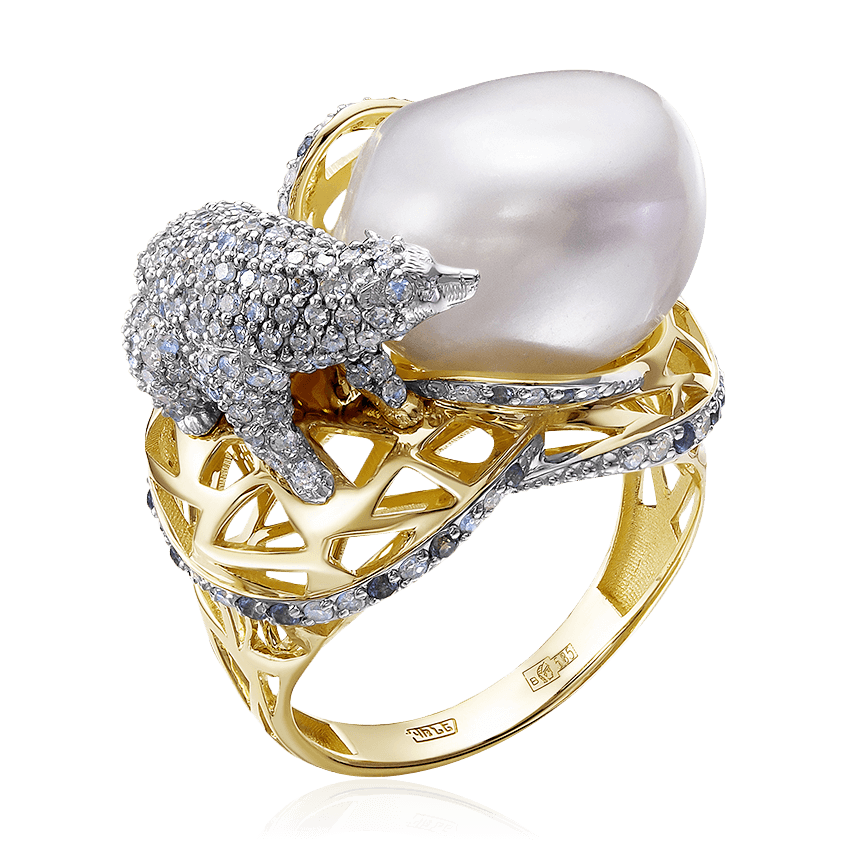Кольцо Белый медведь с сапфиром, жемчугом, бриллиантами из желтого золота 585 пробы, фото № 1