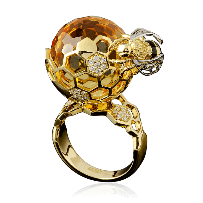 Кольцо Медовое с цитрином, цветными сапфирами и бриллиантами в желтом золоте 585 пробы (арт. 28272)