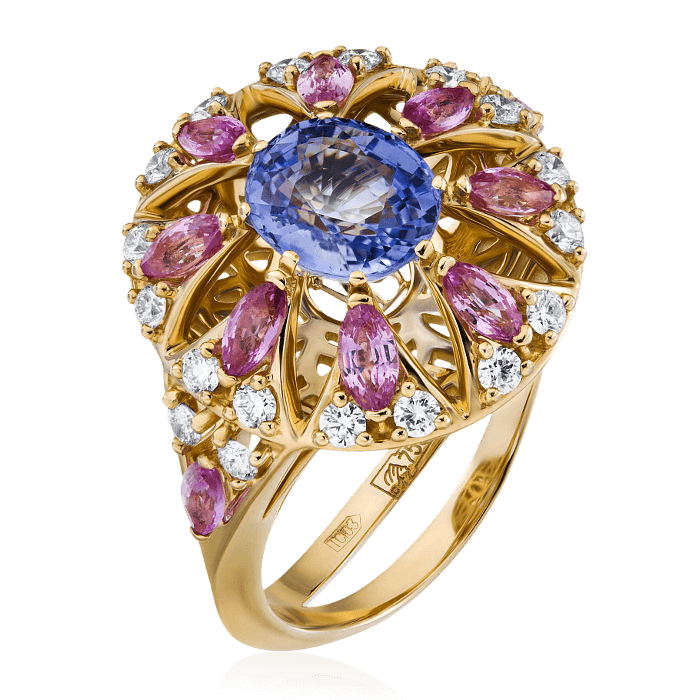 Кольцо с сапфиром, розовыми сапфирами, бриллиантами из желтого золота 750 пробы, фото № 1