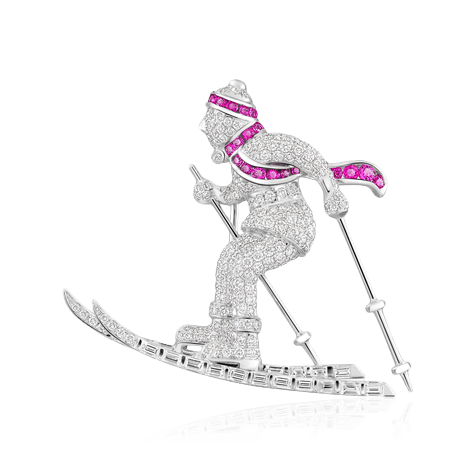 Брошь Лыжник с рубином, бриллиантами из белого золота 750 пробы, фото № 1
