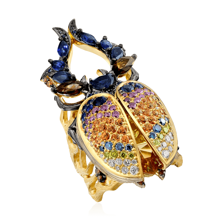 Кольцо жук-олень с подвижными крыльями с бриллиантами, лимонным кварцем и цветными камнями из желтого золота 750 пробы, фото № 2