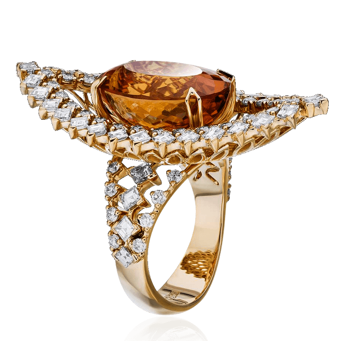 Кольцо с топазом Империал, бриллиантами из желтого золота 750 пробы, фото № 2
