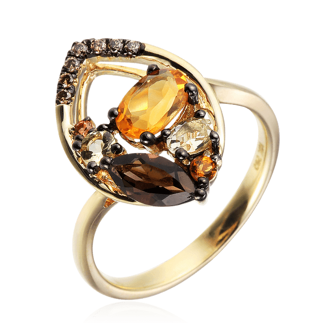 Кольцо с бриллиантами, раухтопазом, кварцем, цитрином, сапфиром фантазийным из желтого золота 585 пробы, фото № 1