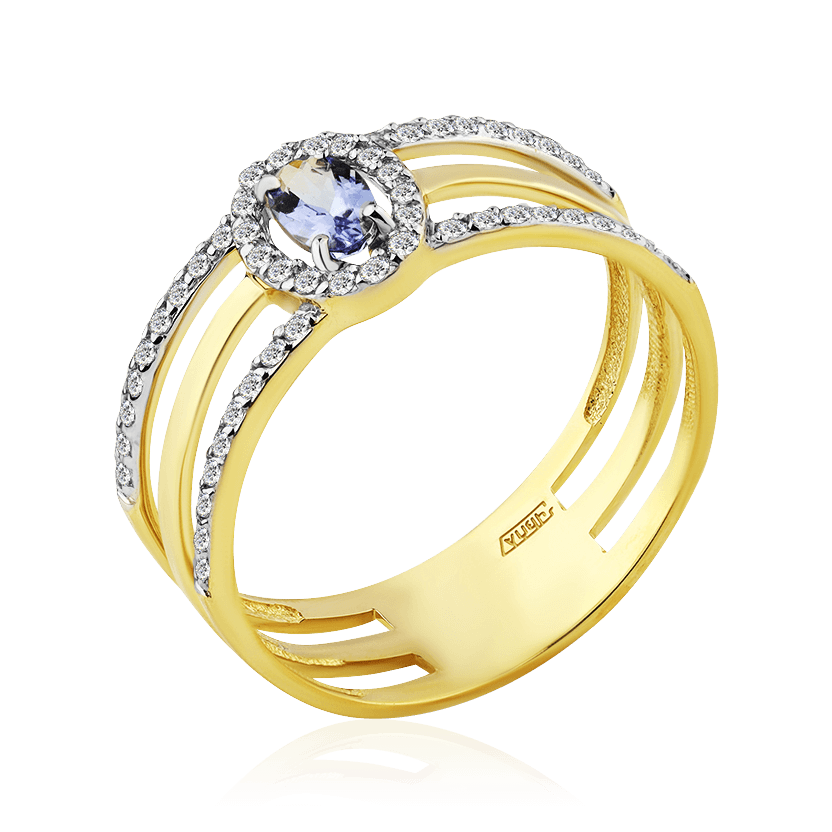 Кольцо с танзанитом, бриллиантами из желтого золота 585 пробы, фото № 1