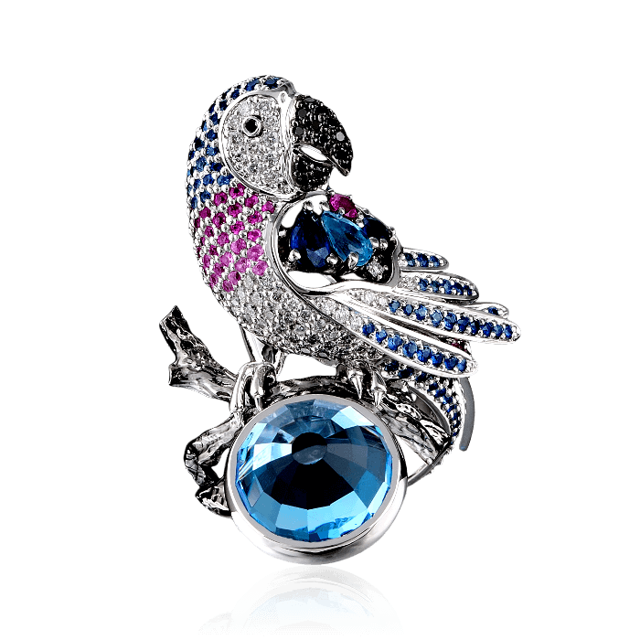 Кольцо Попугай с цветными камнями и бриллиантами, черными бриллиантами в белом золоте 750 пробы, фото № 1