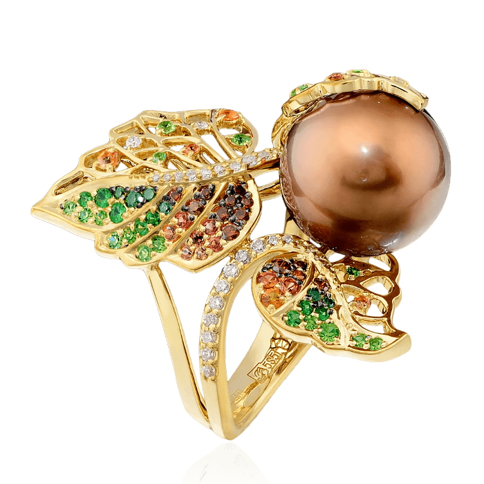 Кольцо с жемчугом, бриллиантами, демантоидом из желтого золота 585 пробы, фото № 1