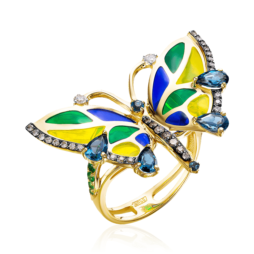 Кольцо Бабочка с топазом, бриллиантами, эмалью из желтого золота 585 пробы, фото № 1