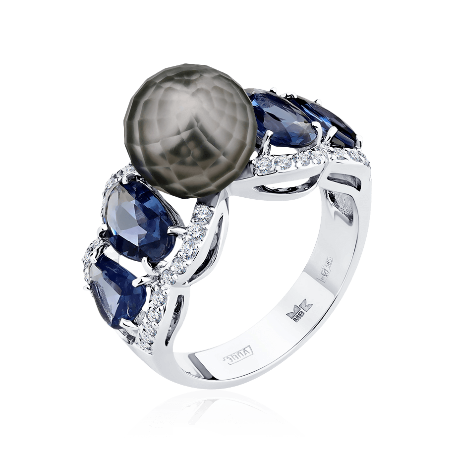 Кольцо с сапфиром, бриллиантами, жемчугом из белого золота 585 пробы, фото № 1