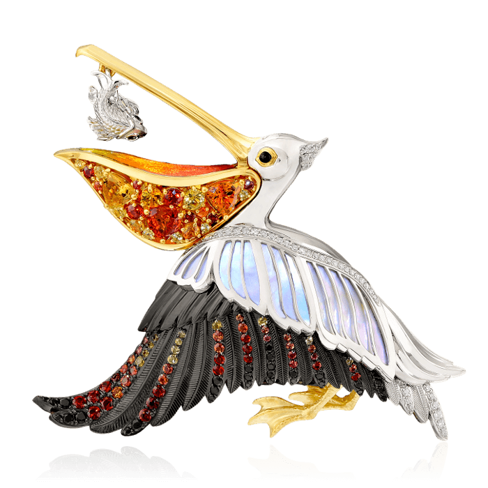 Кулон Пеликан с сапфиром, бриллиантами, ониксом, эмалью, турмалином, перламутром, сапфиром фантазийным из комбинированного золота 750 пробы, фото № 1