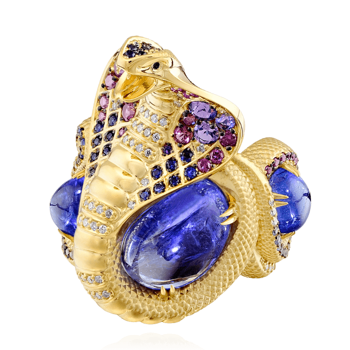 Кольцо Кобра с танзанитом, аметистом, бриллиантами, цветными сапфирами из желтого золота 750 пробы, фото № 1