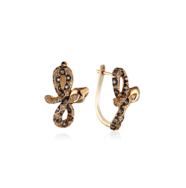 Серьги Змеи с бриллиантами, сапфиром фантазийным из желтого золота 585 пробы, фото № 1