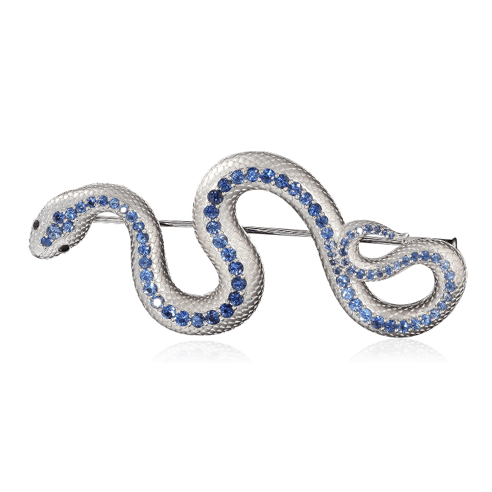Брошь Змея с синими и цветными сапфирами в белом золоте 750 пробы (арт. 35001)