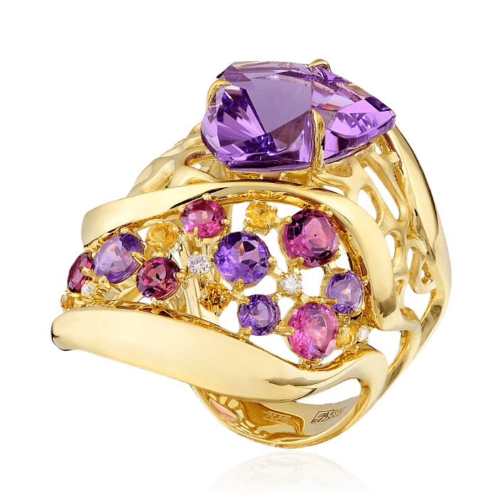 Кольцо с аметистом, бриллиантами, турмалином, сапфиром фантазийным из желтого золота 585 пробы, фото № 2