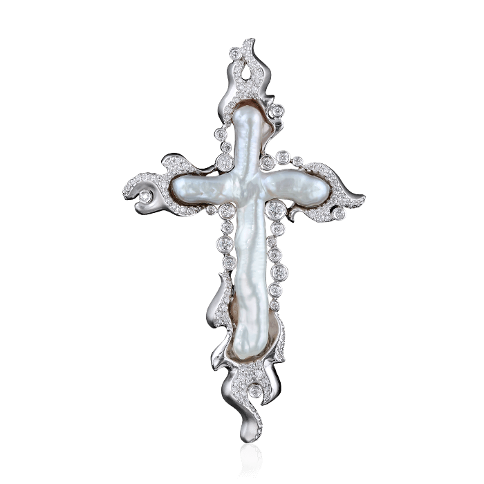 Крест с жемчугом и бриллиантами в белом золоте 750 пробы, фото № 1