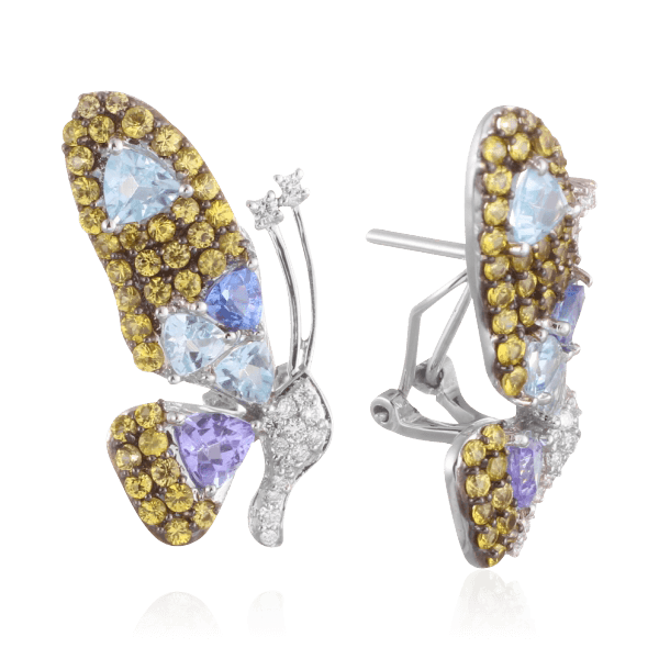 Серьги бабочки с топазом, сапфиром, бриллиантами из белого золота 585 пробы (арт. 56853)