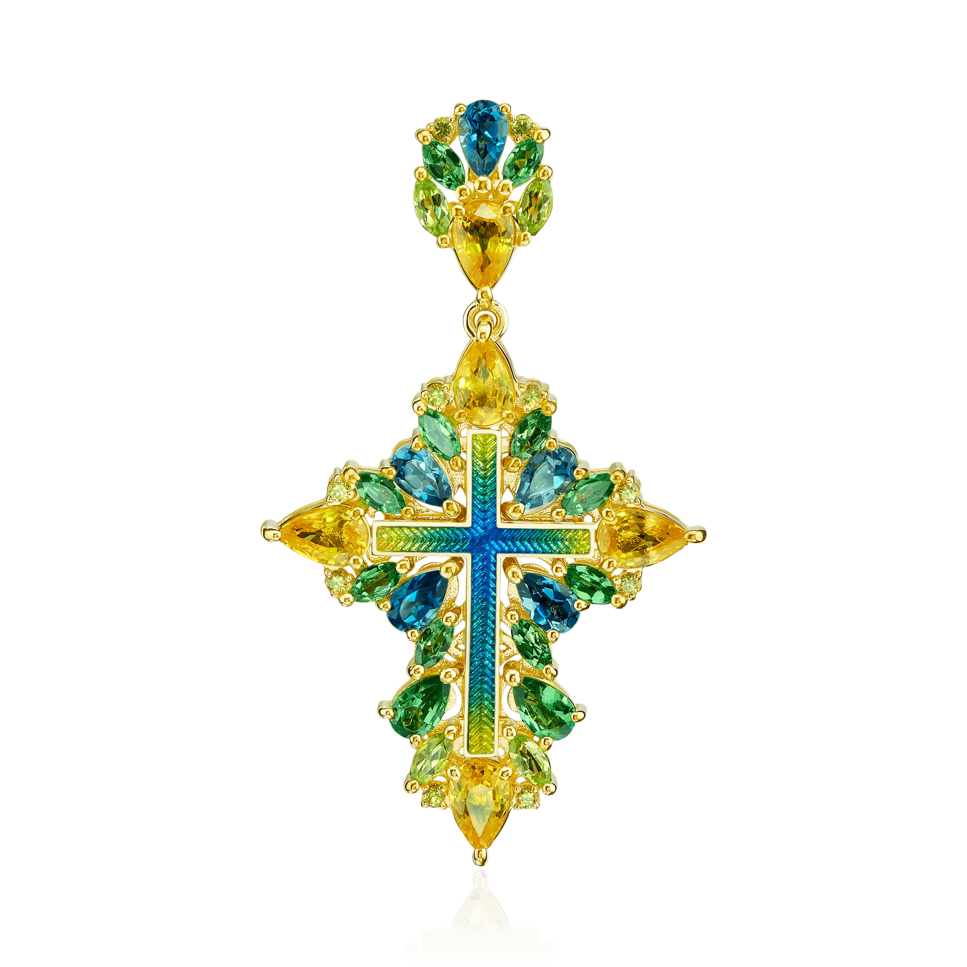 Крестик с хризолитом, топазом, сапфиром, эмалью, тсаворитом из желтого золота 750 пробы, фото № 1