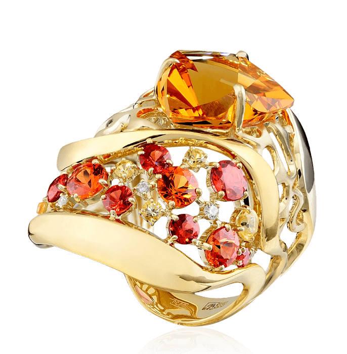 Кольцо с цитрином, бриллиантами, цветными сапфирами, турмалином из желтого золота 585 пробы, фото № 2