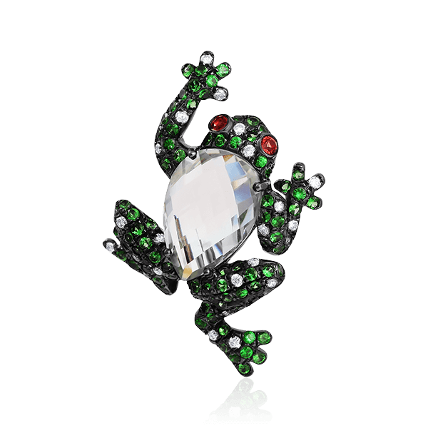 Брошь Лягушка с сапфиром, бриллиантами, аметистом, тсаворитом из черного золота 585 пробы, фото № 1