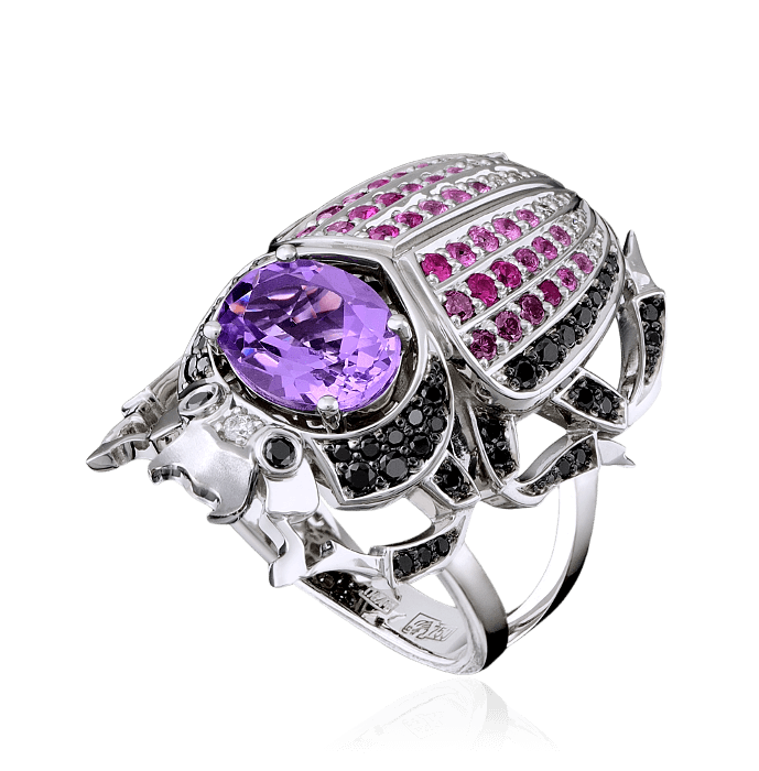 Кольцо Жук с аметистом, бриллиантами, рубином, цветными сапфирами из белого золота 750 пробы, фото № 1