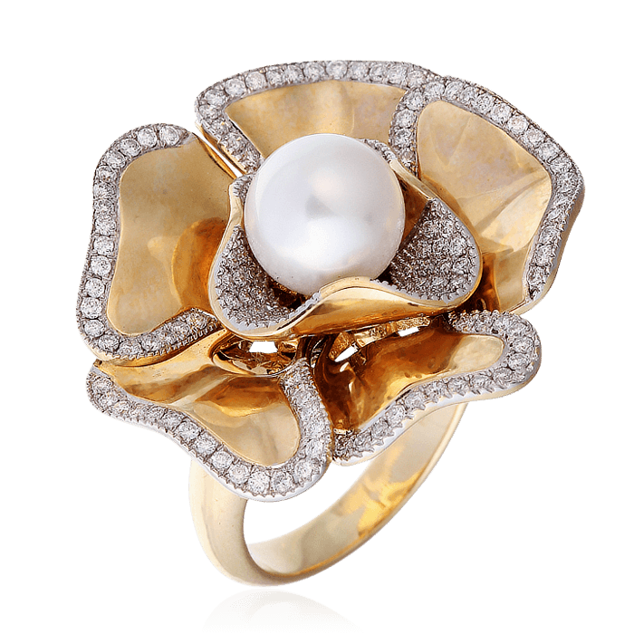 Кольцо в форме цветка с жемчугом, бриллиантами из желтого золота 585 пробы, фото № 1