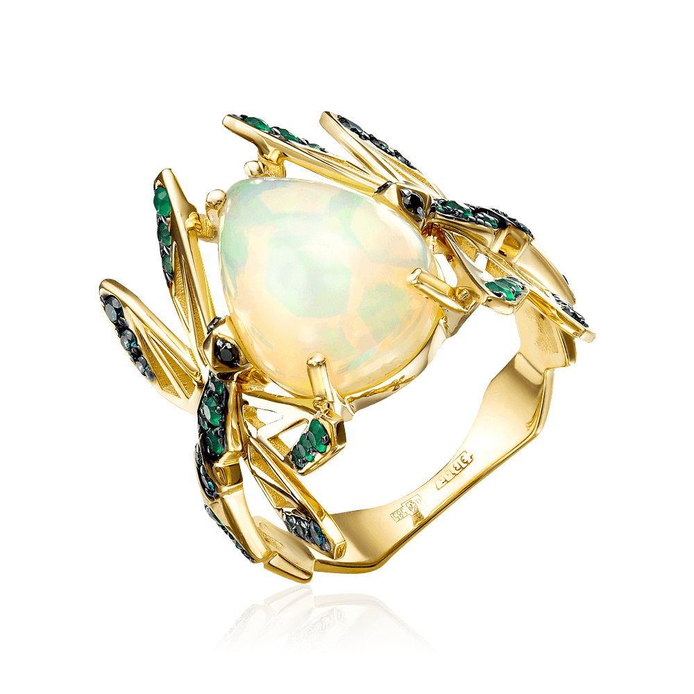 Кольцо с аметистом, бриллиантами, тсаворитом, опалом из желтого золота 585 пробы (арт. 104970)