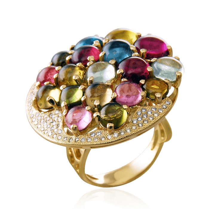 Кольцо с турмалином, бриллиантами из желтого золота 750 пробы (арт. 39322)
