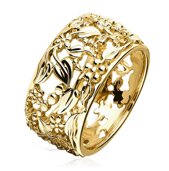 Широкое ажурное кольцо Flora без вставок из желтого золота 585 пробы, фото № 1
